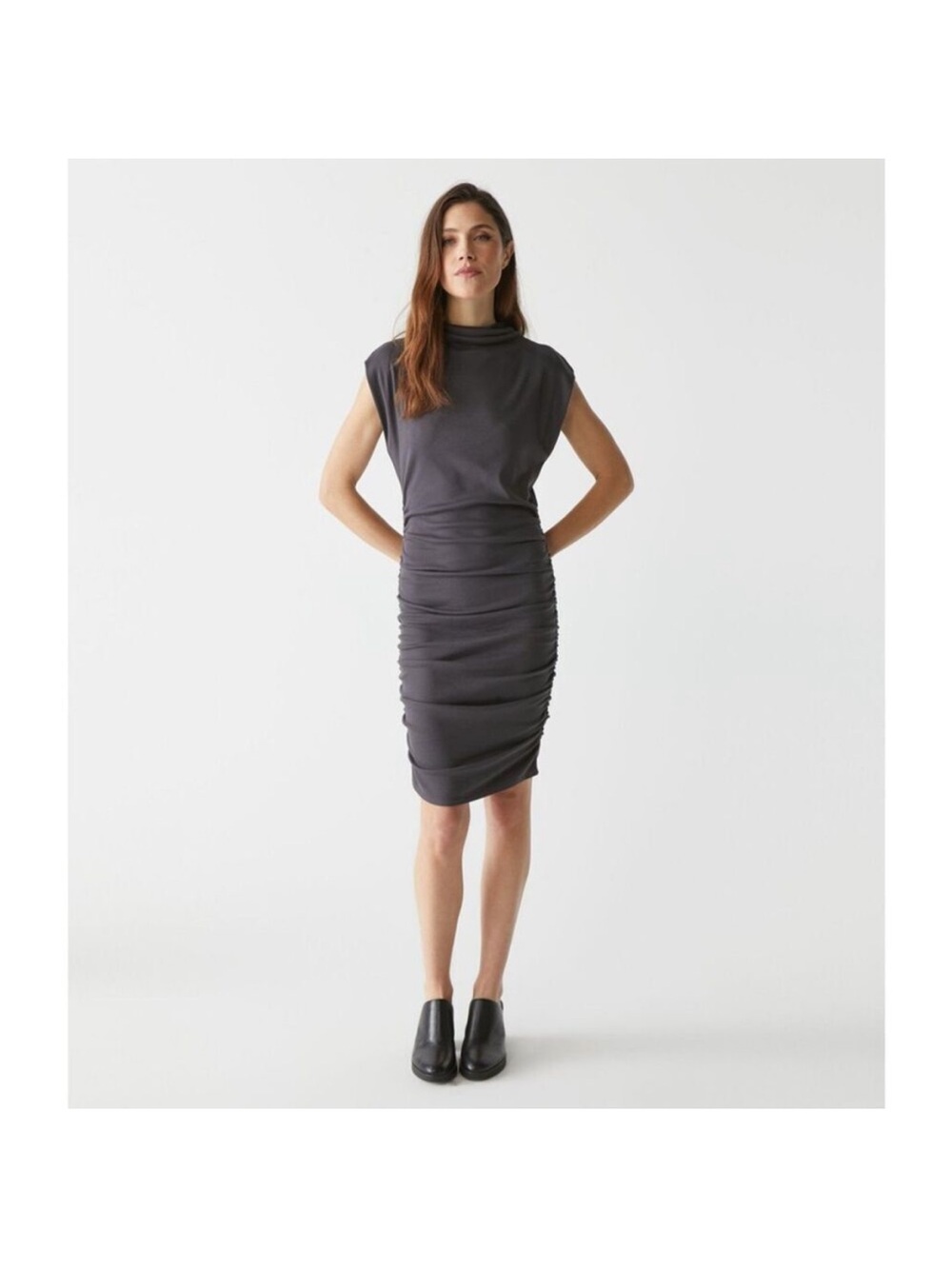 Michael Stars Gia Strong Shoulder Charcoal Ruched Sheath Dress